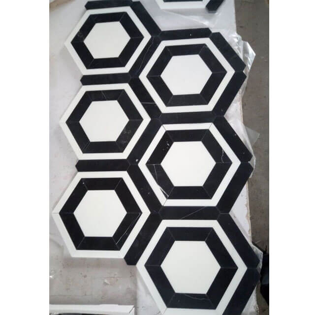 White and Black Marble Mosaic hexagon4