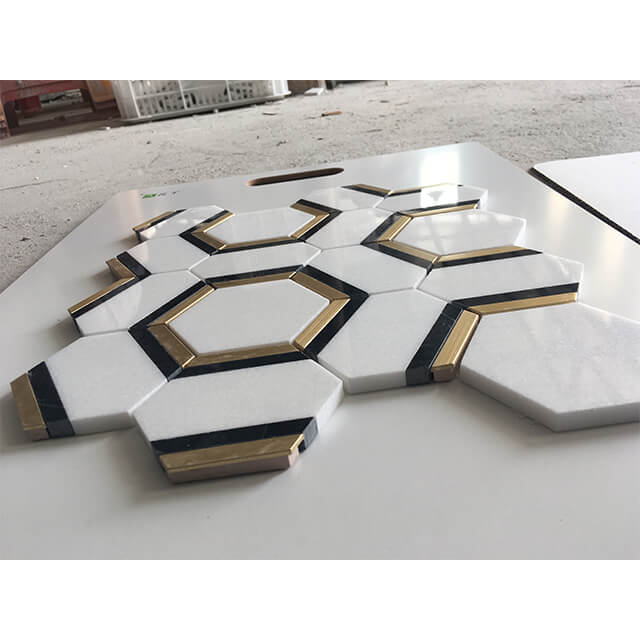 Thassos white with Brass mosaic tiles white marble with brass mosaic tiles