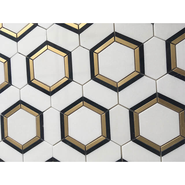 Thasso White with Brass Hexagon Mosaic tiles Thassos White Blend Brass Mosaic tiles