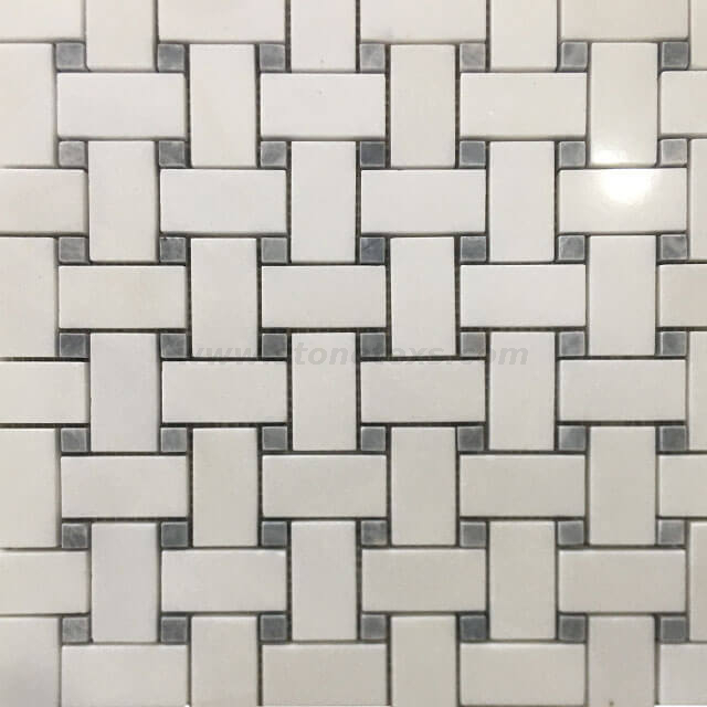 Thassos White Marble Basketweave Mosaic Grey Dots Honed Backsplash Tile