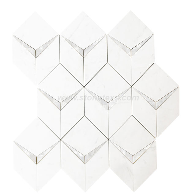 Arrow Mosaic Tile Pattern Thassos White Marble with Mother of Pearl