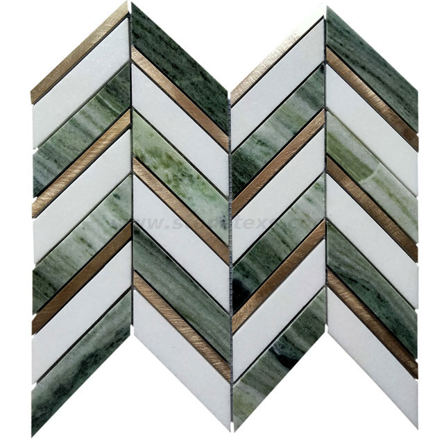 Matiaca Green And Thassos Marble Blends Gold Stainless Steel Chevron Mosaic Tile