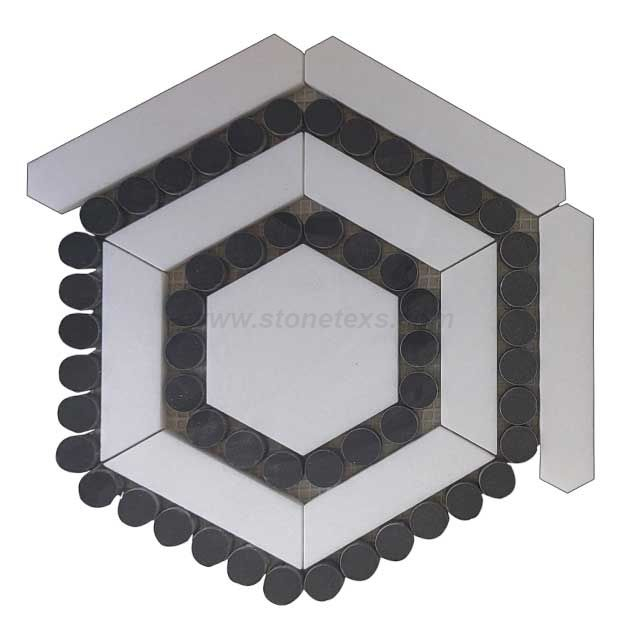 Black Marble Rounds And Thassos White Honeycomb Mosaic Tile