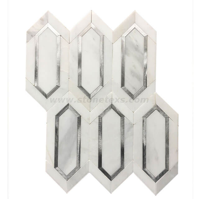 Unique Hexagon Mosaic Tile Oriental White Marble