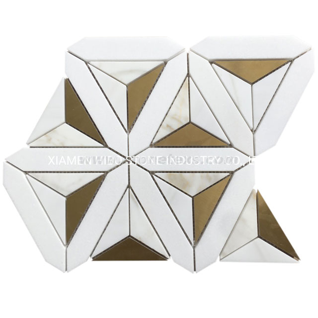Thassos Calacatta And Gold Brass Triangle Mosaic Tile Pattern