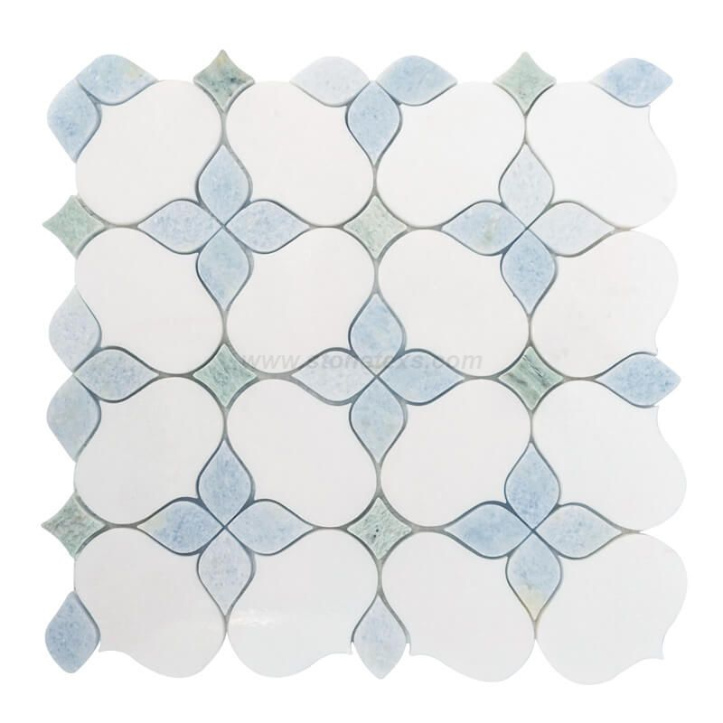 Thassos White And Blue Celeste Mint Green Peach Flower Design Marble Mosaic